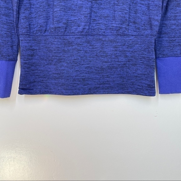 Athleta Heathered Blue Hooded Top Kangaroo Pocket Cross Neck Drop Waist Size S - Picture 9 of 15